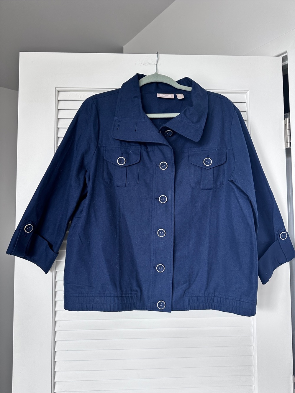Chico’s Navy Blue 100% Cotton Utility Jacket Size 2 Large 3/4 Sleeve